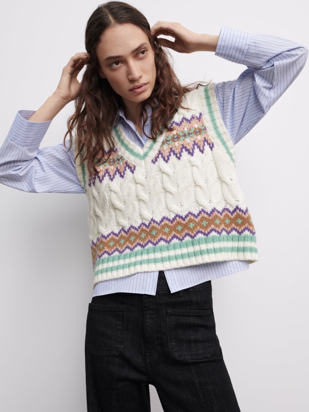 Zara V-Neck Cable Knit Vest